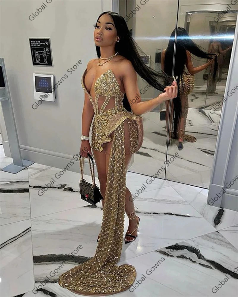 Sparkly Sweetheart Sleeveless Gold Sequined African Black Girls Short Prom Dresses With Side Train For Birthday Customized