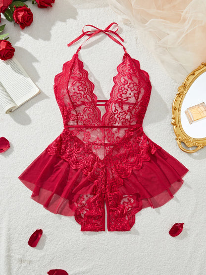 Plus Size 4XL Erotic Backless Deep V Sexy Lingerie Transparent Floral Lace Women Night Dress Teddy Babydoll Crotchless Underwear