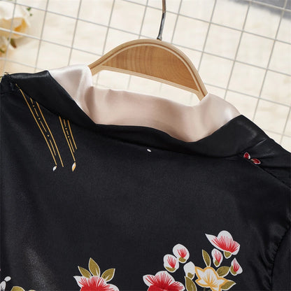 Japanese Kimono V-neck Printed Flower Bow Waist Shaping Cardigan Dress Women Clothing Loose Long Sleeve Vintage Sexy Lace-up New