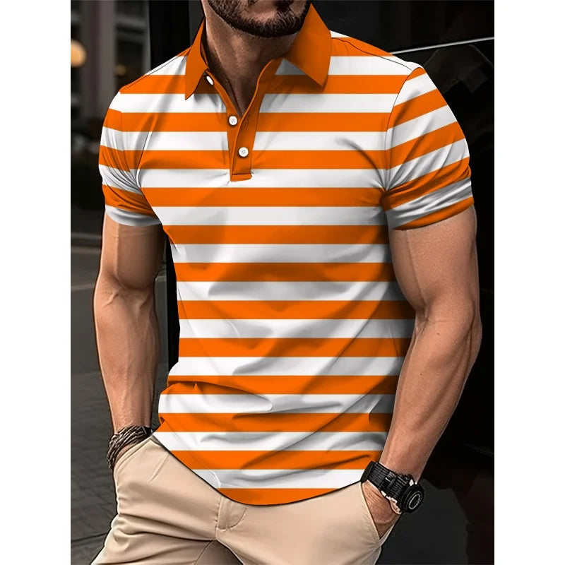 3D Print Stripes Color Block Polo Shirt For Men Colorful Pattern T-Shirts Summer Loose Street Lapel Top Button Short Sleeve Tees