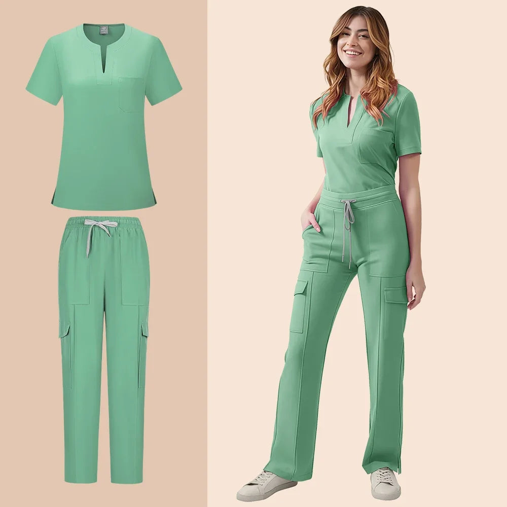 Medical Scrubs Uniform Women Nurse Scrub Set Pocket Top+Pants 2 Piece Suit Nursing Operating Room Clothes Beauty Salon Work Wear