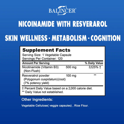Niacinamide & Resveratrol Capsules - Vitamin B3 500 Mg - Supports Skin Cell Health and Energy