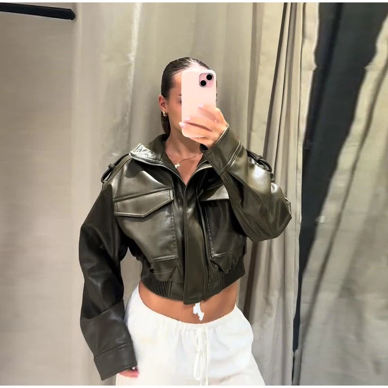 Vintage Zippers Short Leather Jackets Women's Casual Lapel Button Pockets Full Sleeve Coat 2025 Autumn New Lady Chic Streetwear