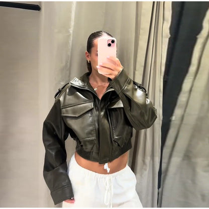 Vintage Zippers Short Leather Jackets Women's Casual Lapel Button Pockets Full Sleeve Coat 2025 Autumn New Lady Chic Streetwear