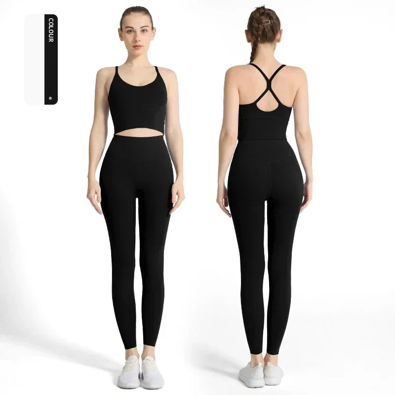2-piece Yoga Suit Women Sportswear Fitness Set Cross back Yoga Tops A High Waist Leggings Pilates Fitness Sports Clothing👚👚