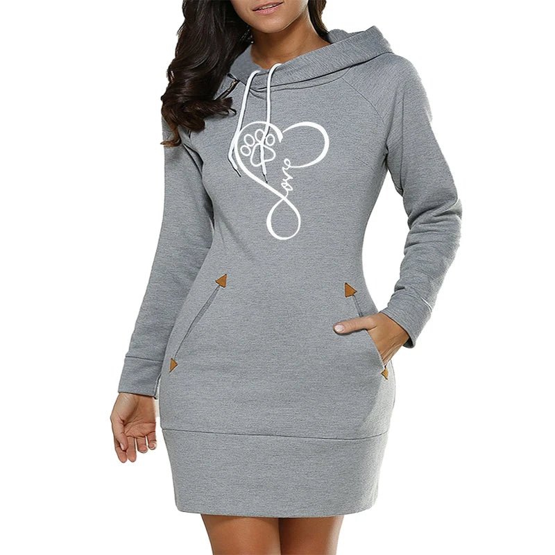Womens Dress Neck Side Zipper Long Sleeve Hooded Sports Skirt Casual Printing Knee-Length Dress European Style Streetwear S-3XL