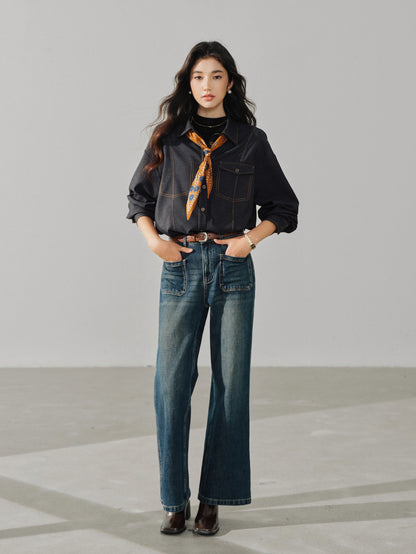 Casual Contrast Stitch Shirt Jacket Loose Long Sleeve Blouse for Women Stylish Collared Overshirt for Autumn Layered Slim Look