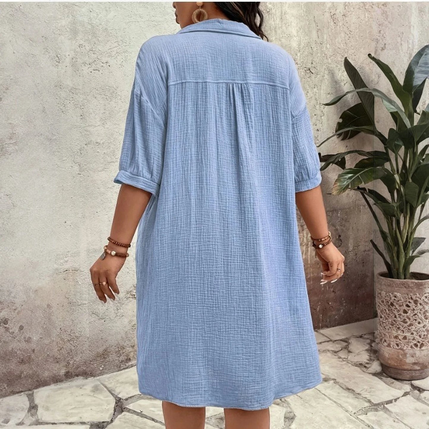 New Women'S Fashion Casual Solid Color Buttoned Mid-Length Short Sleeve Loose Dress Vestidos Para Mujer Ropa De Mujer 신상원피스