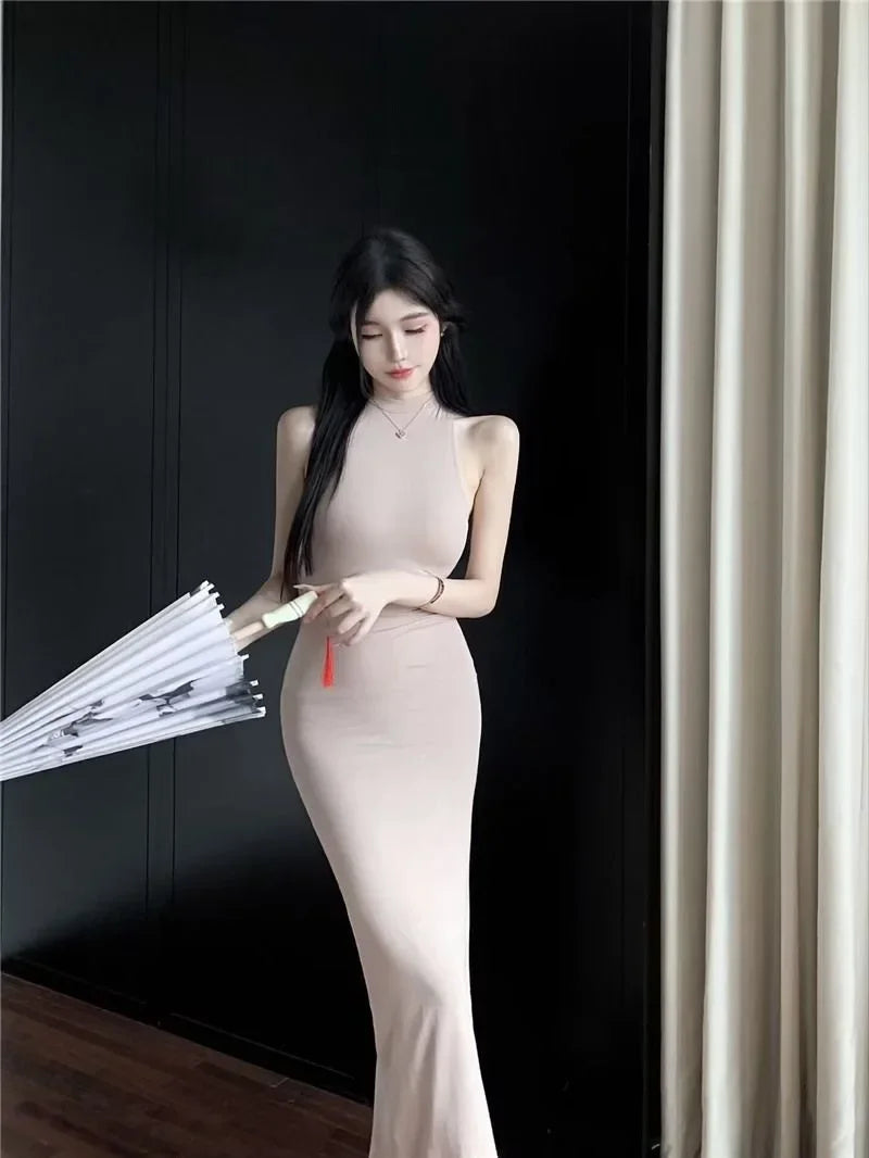 Elegant High Waist Long Sleeveless Dress Neck Hanging Wrap Skirt Slimming Goddess Style Polyester Fiber round Neck Gown