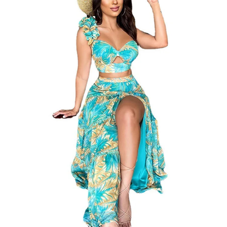 Ruffles Shoulder Two-piece Low Cut Top Leaf Print Skirt for Vacation