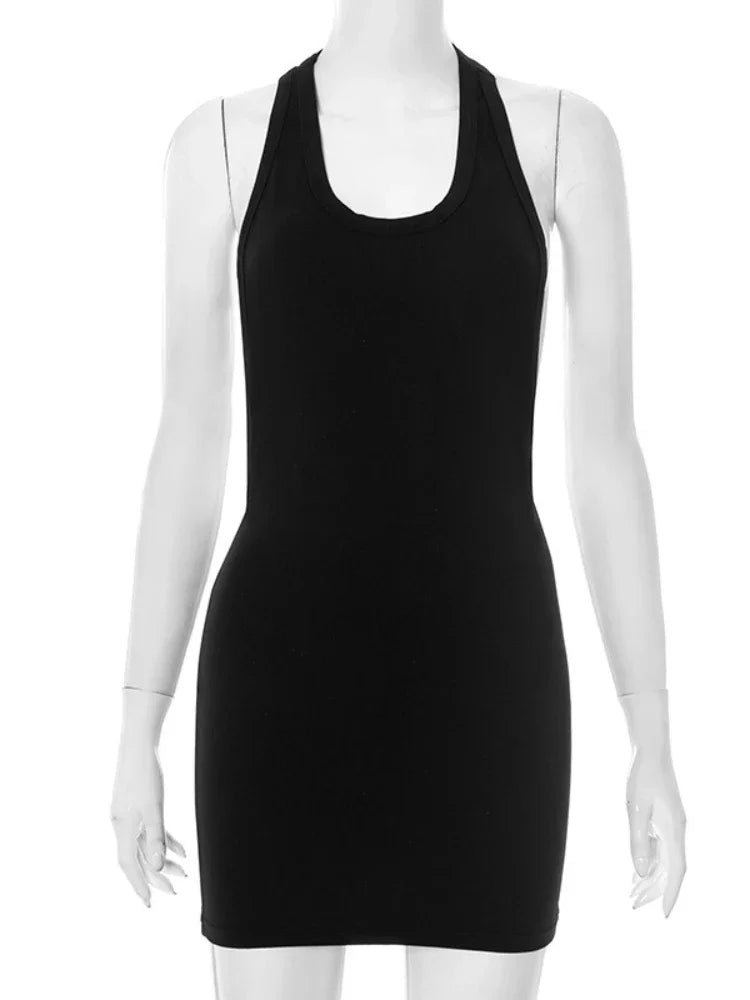 Woman Clothing Sleeveless Backless Solid Black Party Club Dress 2025 Summer Sexy Hollow Out Package Hip Mini Vacation Dresses