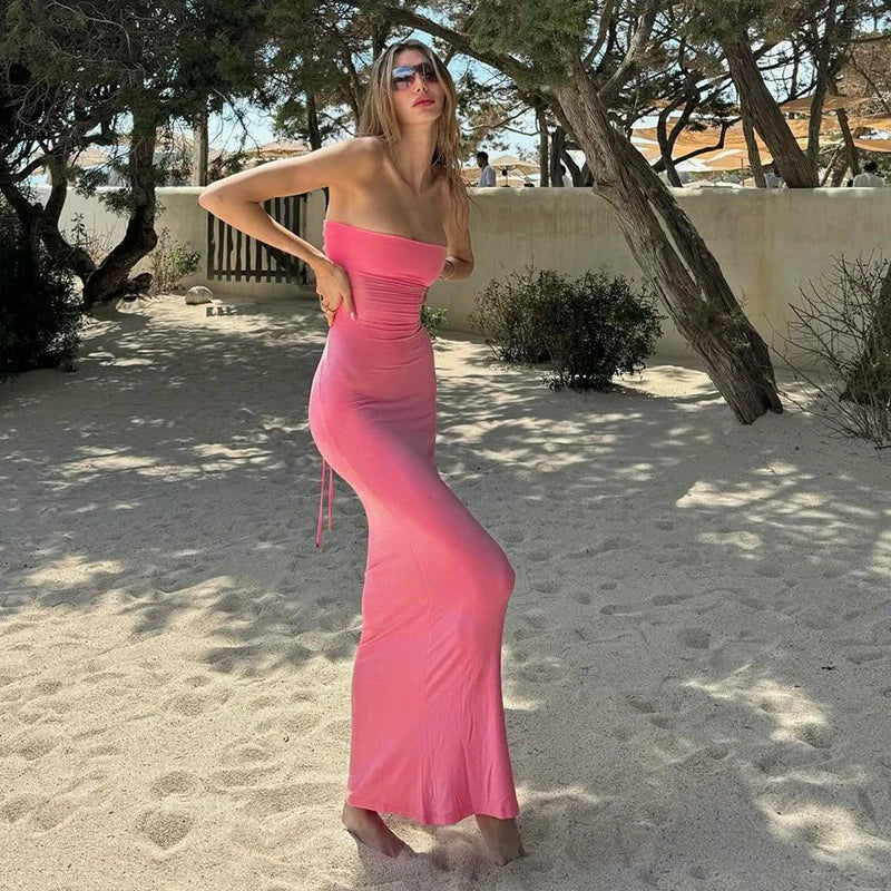 Hugcitar Elegant Women Solid Strapless Backless Bandage Sexy Bodycon Maxi Dress Summer Women Y2K Clothes Beach Vacation Party