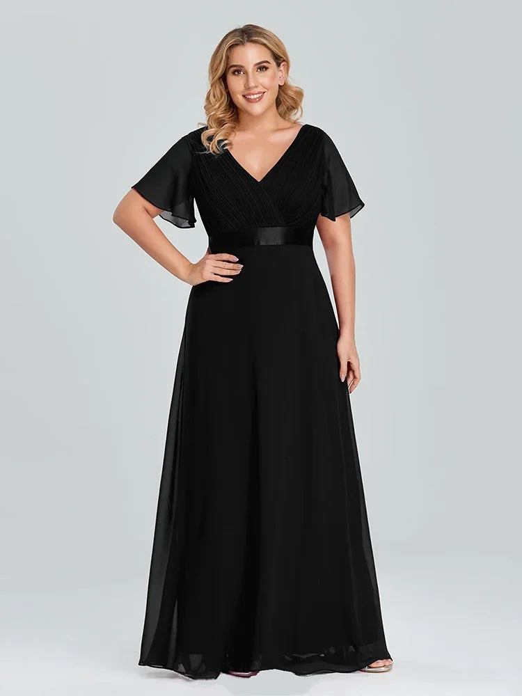 Prom Dresses Plus Size Evening Dresses Long  Elegant A Line V Neck Ruffles Chiffon Formal Wedding Party Dress Robe De Soiree