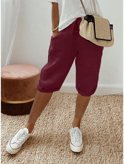Women Cotton Linen Harem Knee Length Pants Summer High Elastic Drawstring Pocket Solid Color Shorts LRFZ-911