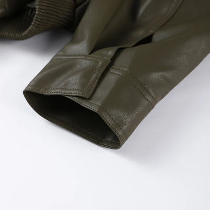 Vintage Zippers Short Leather Jackets Women's Casual Lapel Button Pockets Full Sleeve Coat 2025 Autumn New Lady Chic Streetwear