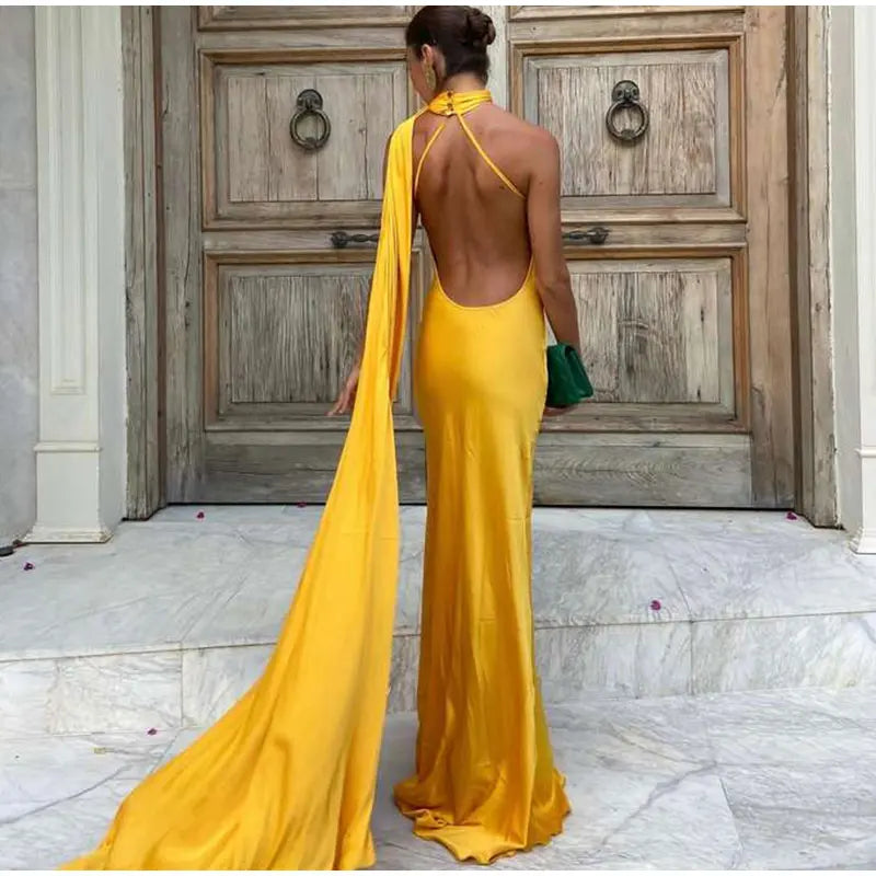 Elegant Ribbon Halter Dress Women Solid Off Shoulder Sleeveless Backless Slim Maxi Dresses 2026 Summer Autumn Party Robes Lady