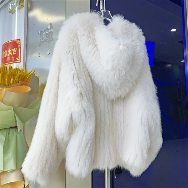 Fox Fur Coat Women's Winter Fashion Warm 100% Fox Fur Coat Hooded Long Sleeved Sweet Women's Luxury Designer Coat