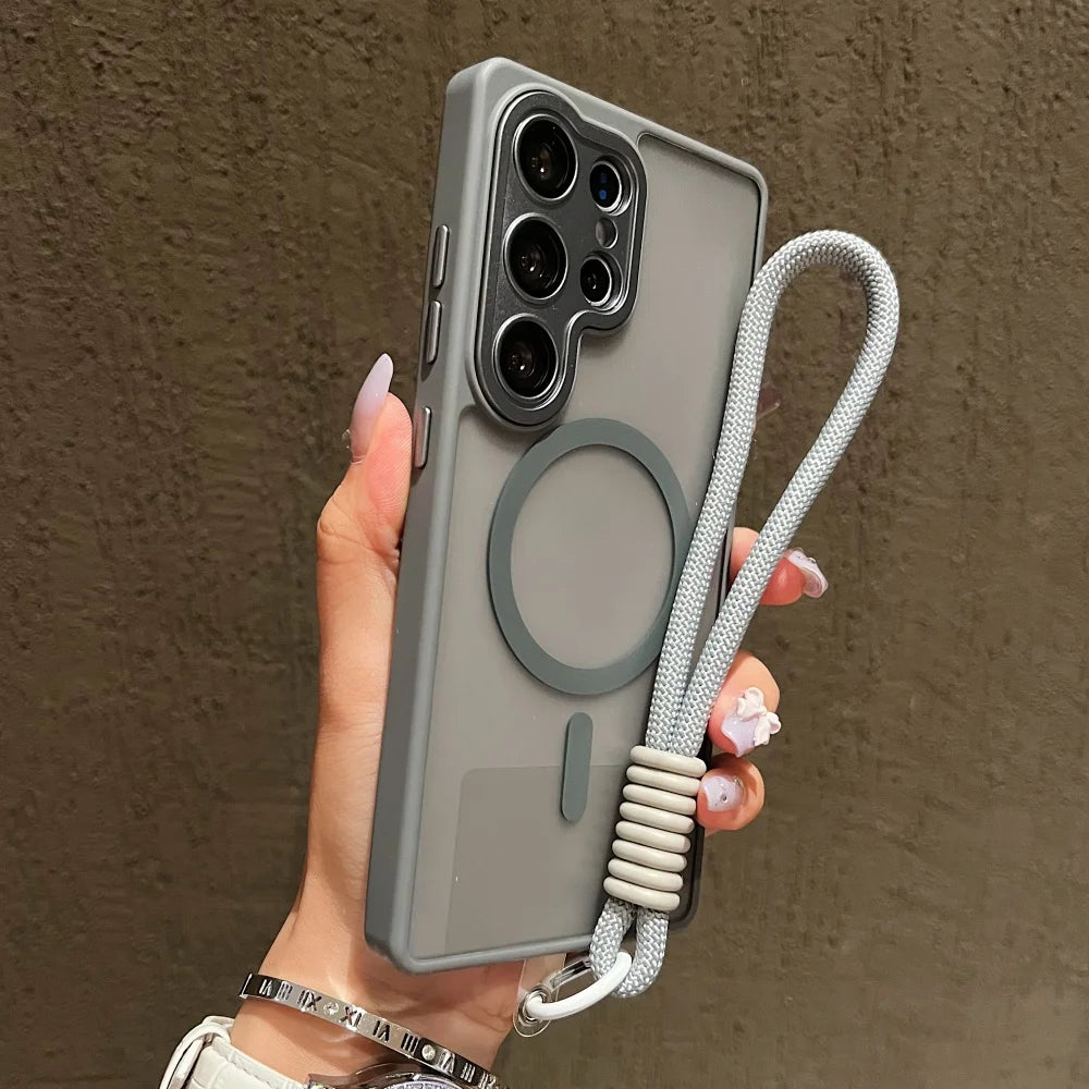 Wrist Strap Cord Magnetic Matte Translucent Armor Case For Samsung S25 Ultra S24 FE S23 Plus For Magsafe Wireless Charge Cover