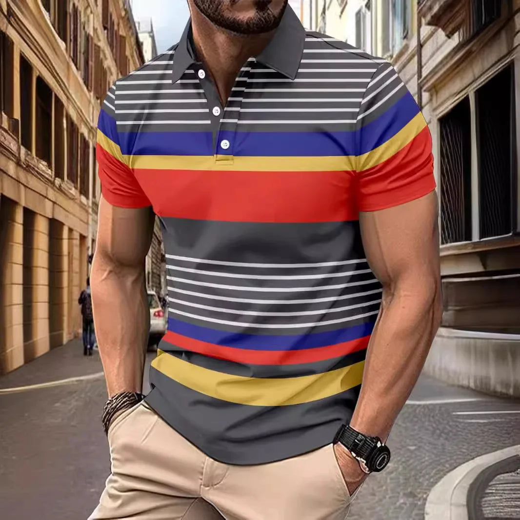 2025European and American ins cross-border 2024 summer new men's striped lapel short sleeved polo shirt casual contrasting polo