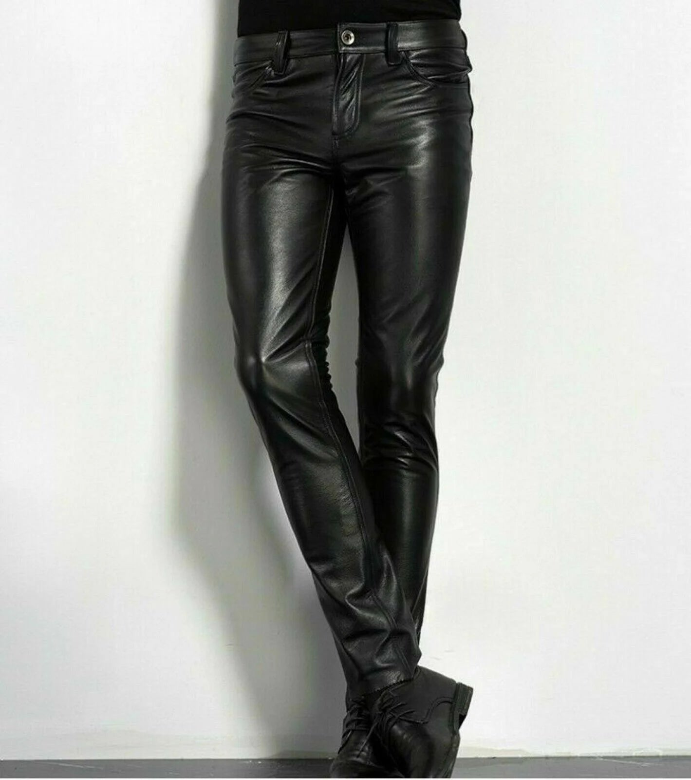 Men's Fashion Rock Style PU Leather Pants Night Club Dance Pants Men's Faux Leather Slim Fit Skinny Motorcycle Trousers