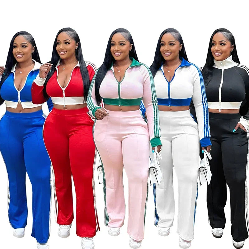 Doyerl Sporty Casual Tracksuit Women Two Piece Sets Striped Long Sleeve Zipper Cropped Jacket Top and Sweatpants Jogging Femme