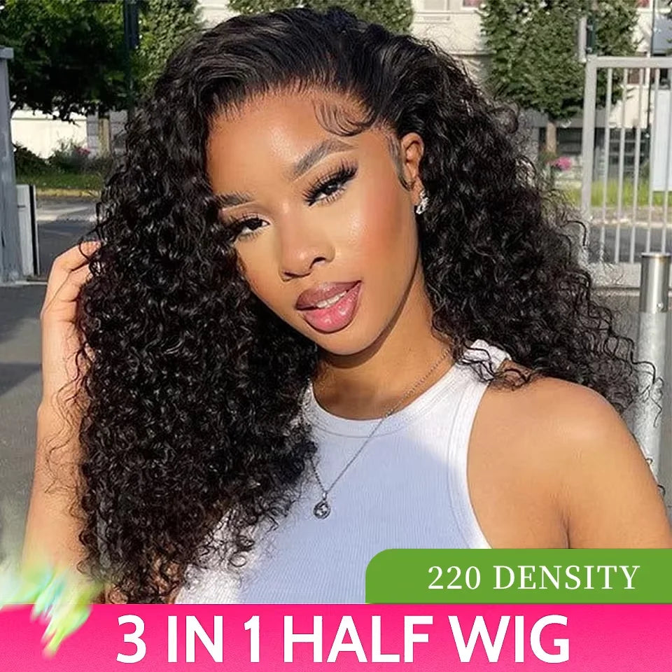 Half Wig Human Hair Wigs 200% Half Wig Kinky Curly Human Hair Wigs 3 In 1 Invisible Hairline Wear Go With Drawstring Seamless