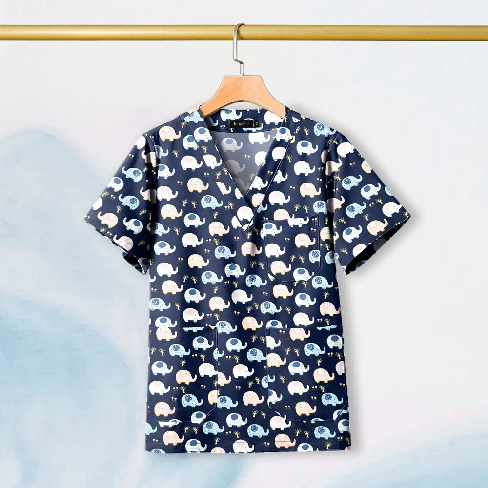 Hot Sales V-Neck Printed Scrub Tops for Women Men Nurse Uniform 100% Cotton Breathable Scrubs Uniforms Medical Blouses Wholesale