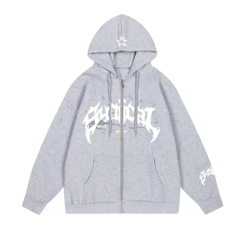 Men's Zipper Retro Hooded Sweatshirt with Star lettering Multi functional Casual Jacket, American Fashion 2025
