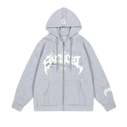 Men's Zipper Retro Hooded Sweatshirt with Star lettering Multi functional Casual Jacket, American Fashion 2025