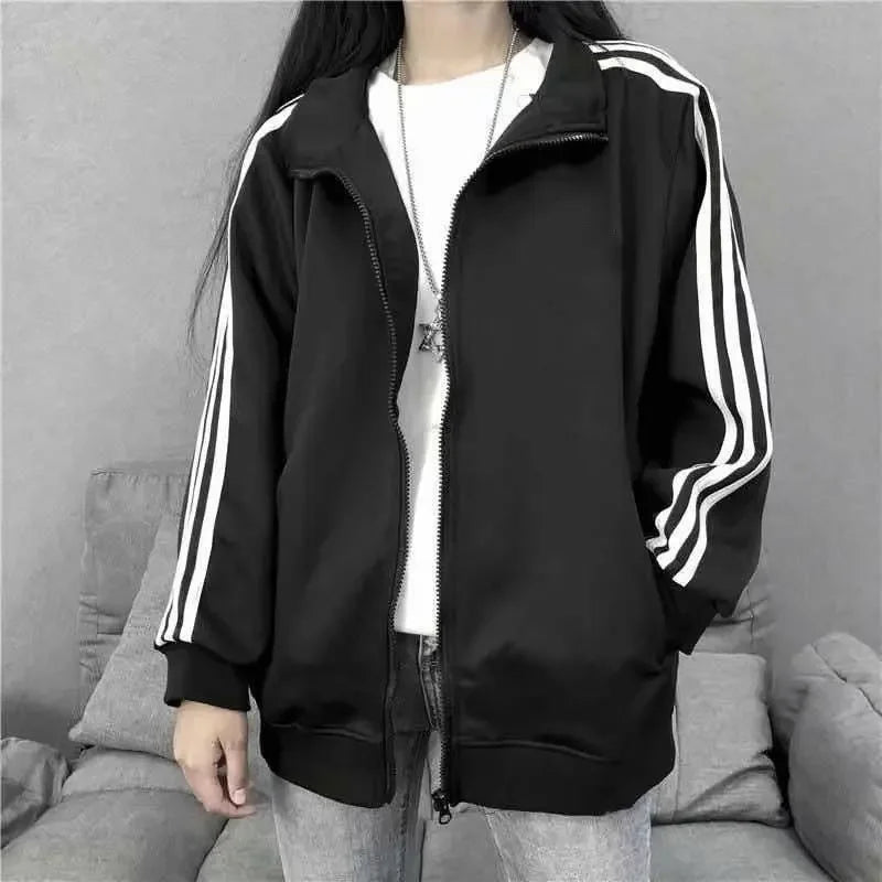 Spring Autumn New Three Bars Jacket Women's Thin Baseball Style Loose Bf Trendy Black Coat for Students Casual Outerwear