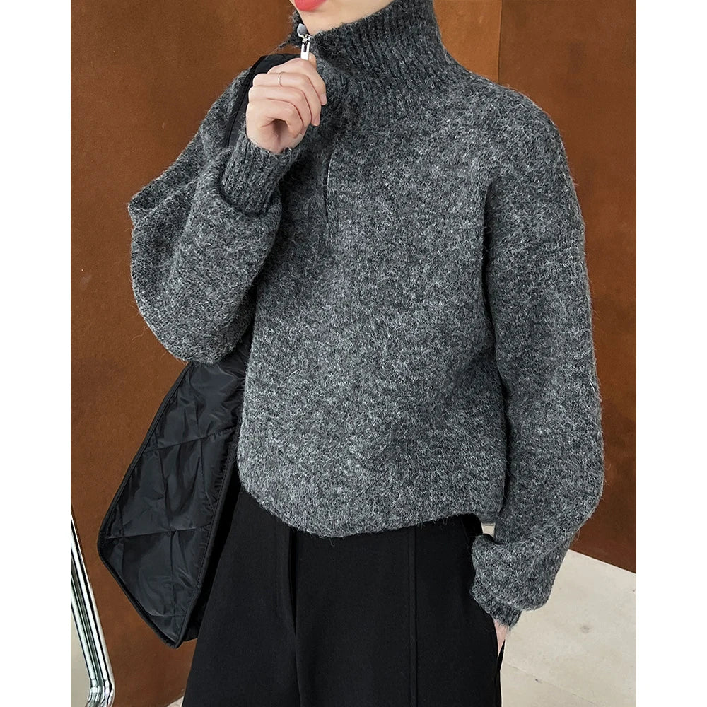 2026 Women Turn Down Collar Sweater Long Sleeve Zipper Design Warm Cardigans Clothes Tops For Women Winter Sweater Pull Femme