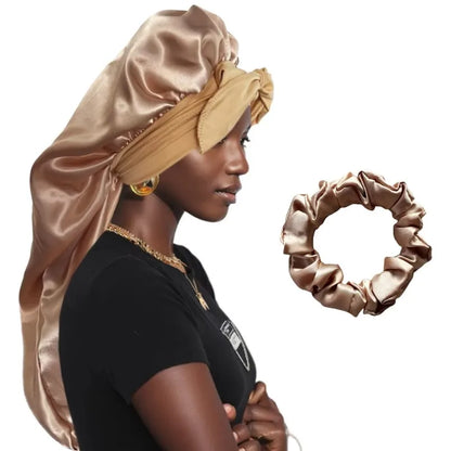 Women Bonnet Satin Sleeping Hat Long Tail Braid Hair Night Sleep Cap Head Cover Bonnets Shower Caps for Sauna Bathing Bonnet