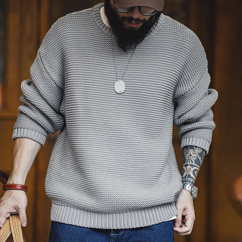 Maden Retro Heavyweight Knitted Sweater Loose Round Neck Pullover Warm Versatile Base Layer Knitwear for Men's Autumn and Winter
