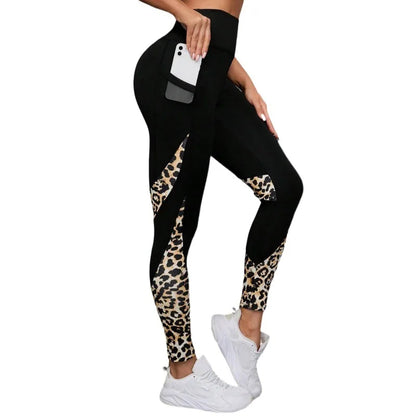 Women Printed Yoga Leggings Leopard Splicing Together Leggings High Waist Butt Lift Fashion Fitness Running with Pocket Legging