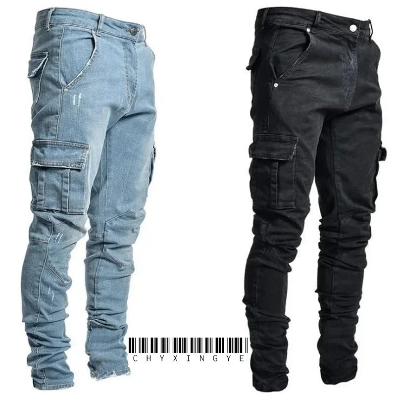 Men Street Elastic Denim Jeans Wash Solid Color Multi Pockets Cargo Pants Casual Slim Fit Daily Wear Joggers Mid Waist Trousers