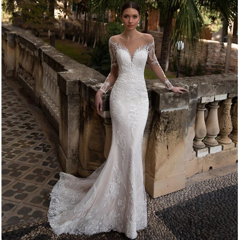 Celebrity Mermaid Women Wedding Dresses Lace Long Sleeves Bridal Gowns Popular Princess Ball Vestidos De Novias Customized