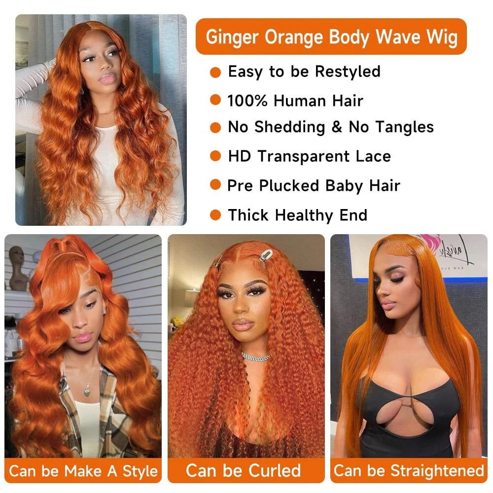 Orange Ginger 13x4 Lace Frontal Human Hair Wig Pre Plucked Body Wave 13x6 HD Lace Frontal Wigs For Women 100% Human Hair Wig