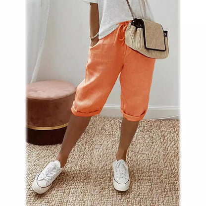 Women Cotton Linen Harem Knee Length Pants Summer High Elastic Drawstring Pocket Solid Color Shorts LRFZ-911