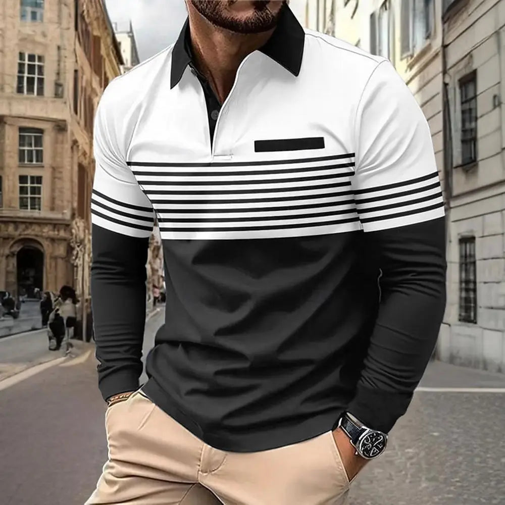 Men's Horizontal Stripes Polo Long Sleeve Polo Shirts Athleisure Daily Wear 3D Prints Breathable Buttons Tops 2025 Fall Winter