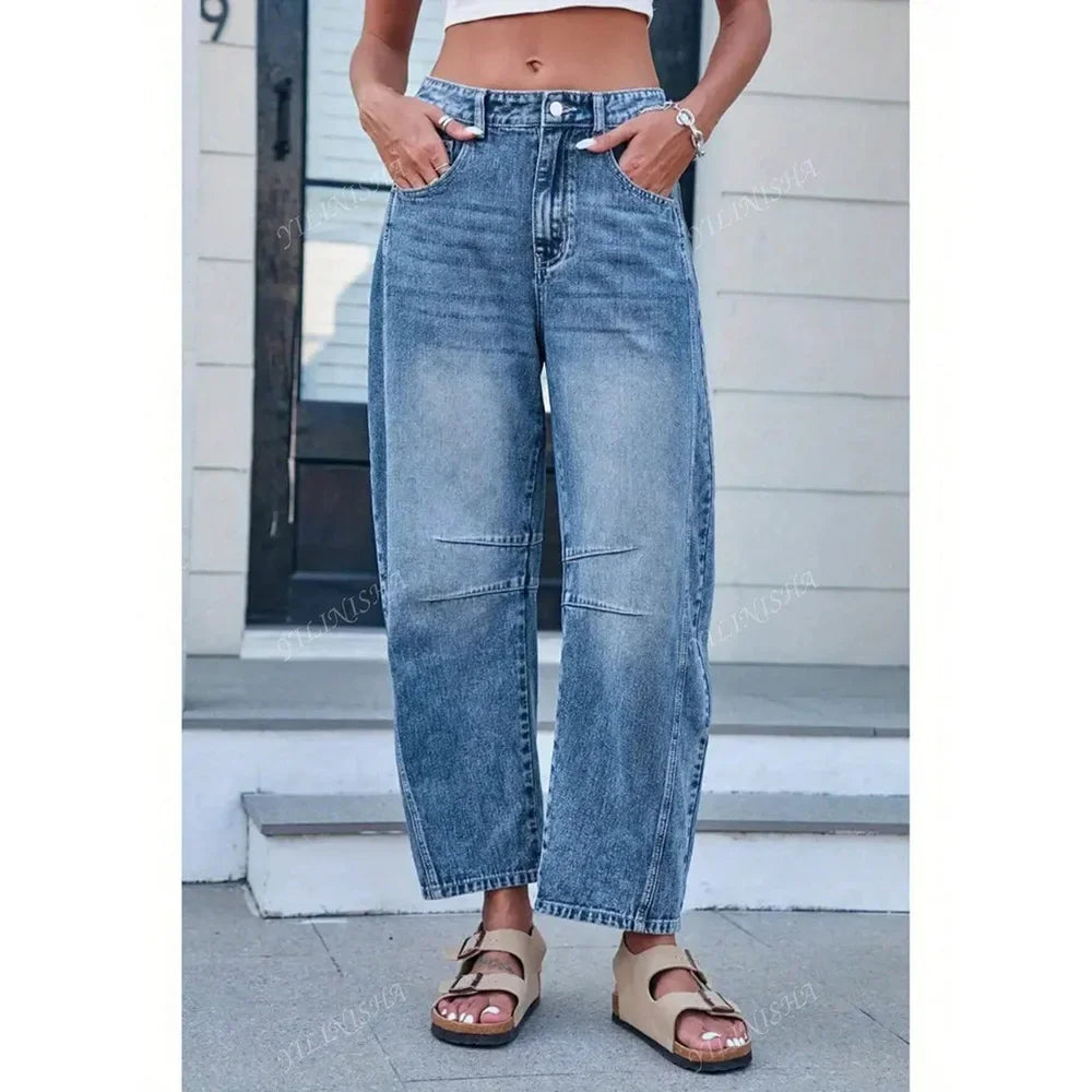 Summer New Style Women's Loose Straight Leg Jeans Draping Washed Wide Leg Long Trousers High Waist Denim Pants