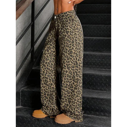 Female Retro Designer Straight Leg Jeans Pants Lady Fashion High Waist Denim Pants Women Leopard Print Baggy Trousers
