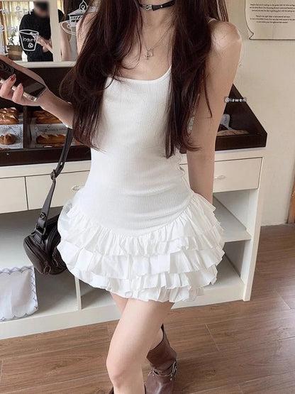 Sexy U-Neck Sleeveless Mini Dresses Fashion Women Summer New White Solid Y2K Ruffle Pleated Cake Bodycon Casual Party Vestidos