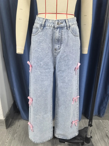 Women Jeans Wide Leg Pants Bow Washed High Waist 2025 Streetwear Denims Distressed Vintage Straight Ankle Length Trousers