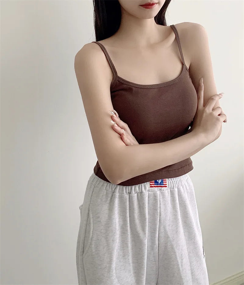 Women's Solid Color Spaghetti Straps Sleeveless Slim Camisole with Chest Pad Cotton Summer Wear Outside Female Short Tops Vests