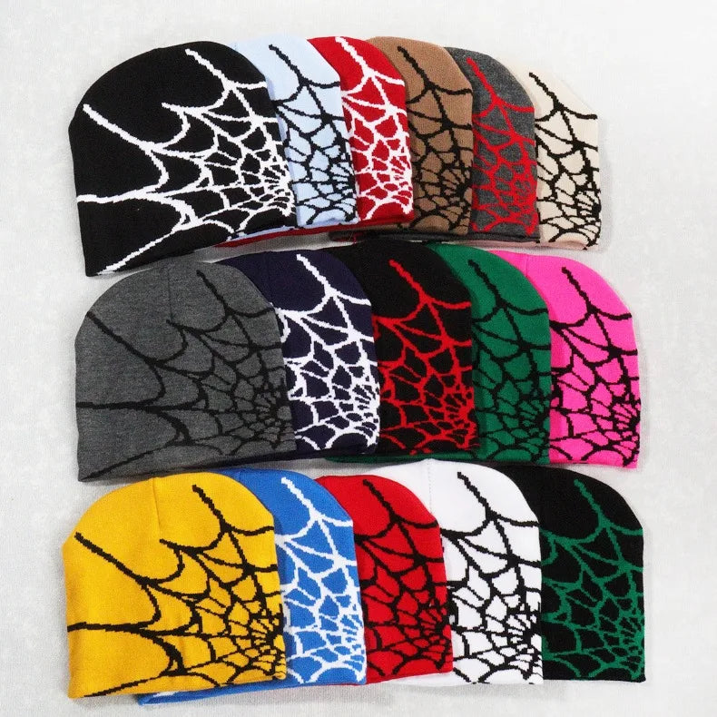 Knitting Spider Web Design Hat Skullies Beanies for Men Women Pullover Pile Cap Y2k Goth Warm Beanie Hats New Hip-hop Street Cap