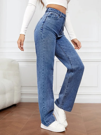 High Waist Straight Leg Jeans for Women New Style Cross-Border High Waist Slim Fit Long Jeans Trendy Women's Denim Pants