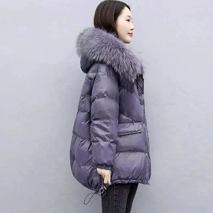 2025 Winter New Warm Down Cotton Jacket With Large Fur collar Hooded Coat Loose Women Thicken Parker Puffer Overcoat Casual wear