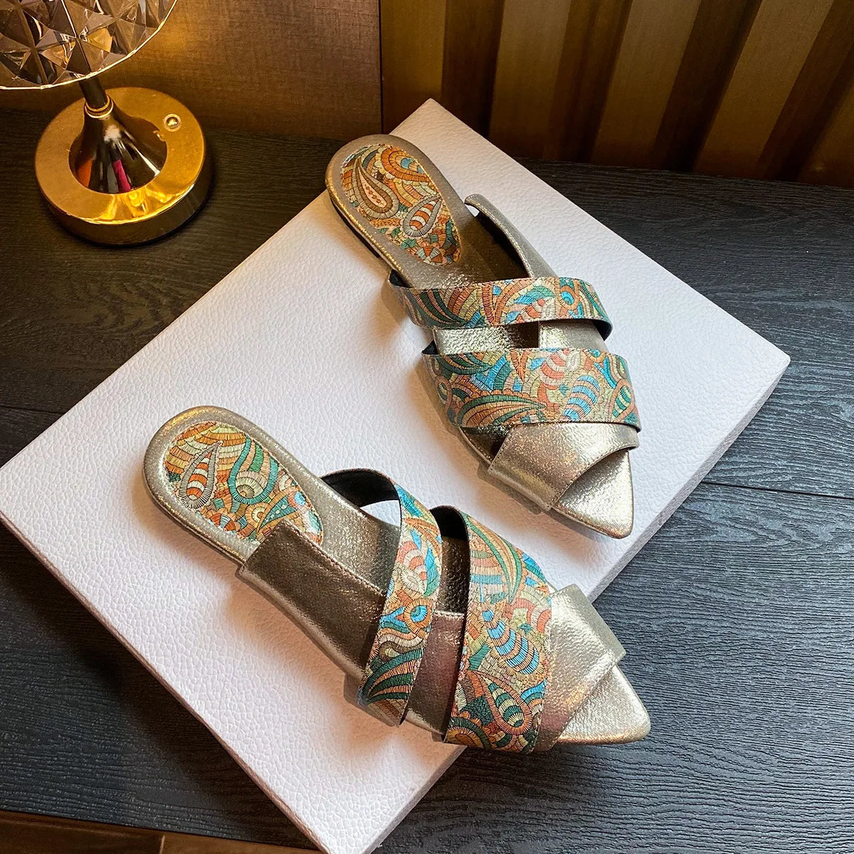 Women's sandals flat pointed Peep Toe slippers totem large size shoe snake pattern stone pattern sandals for women Flat slippers