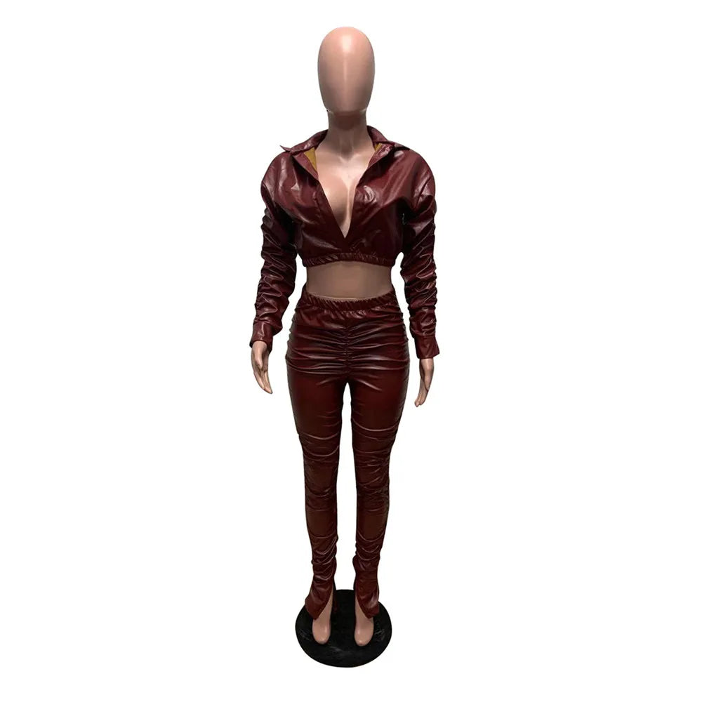Sexy PU Faux Leather Two Piece Set for Women Birthday Night Club Outfits Crop Top and Slit Stacked Pants Matching Sets Undefined
