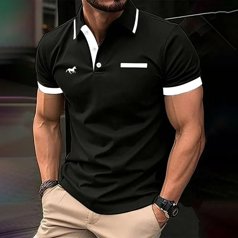 Spring Summer Men Clothes Short Sleeve Turn-down Collar Polo Shirt Fake Pocket Print Business Casual Polo Shirt Resilient Tops